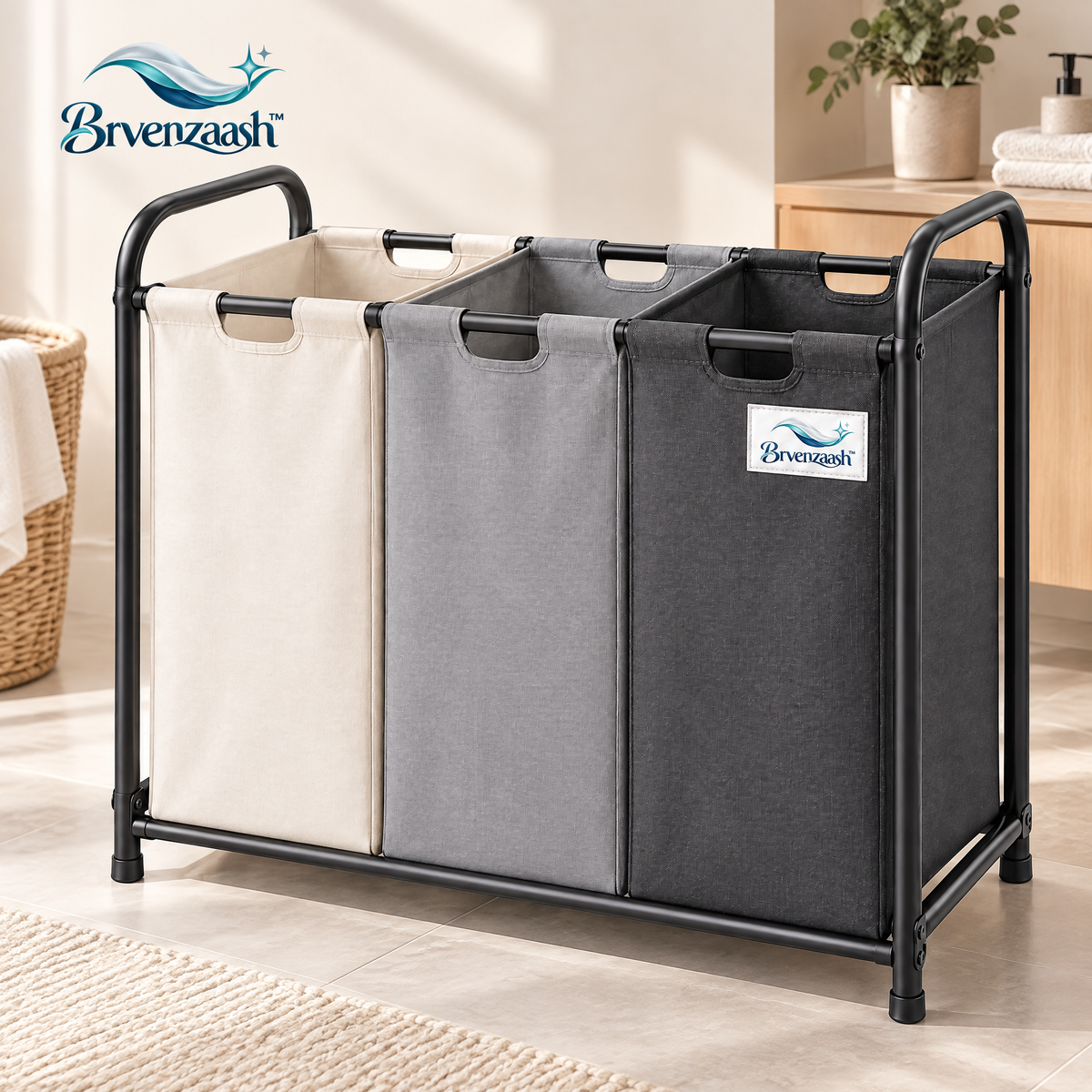 Brvenzaash™ Laundry Sorting Hamper – 3 Compartment Clothes Basket with Removable Bags for Laundry Room Organization