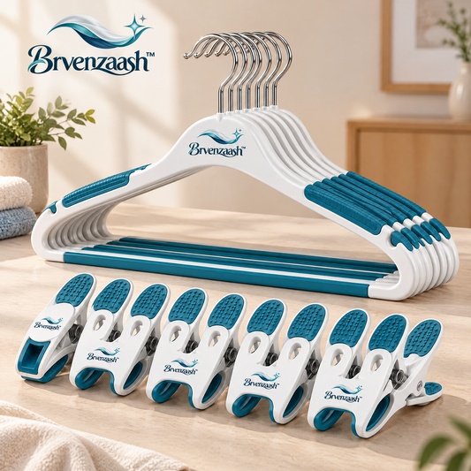 Brvenzaash™ Clothes Drying Clips & Hangers Set – Multi-Purpose Laundry Hanger Organizer with Anti-Slip Clips