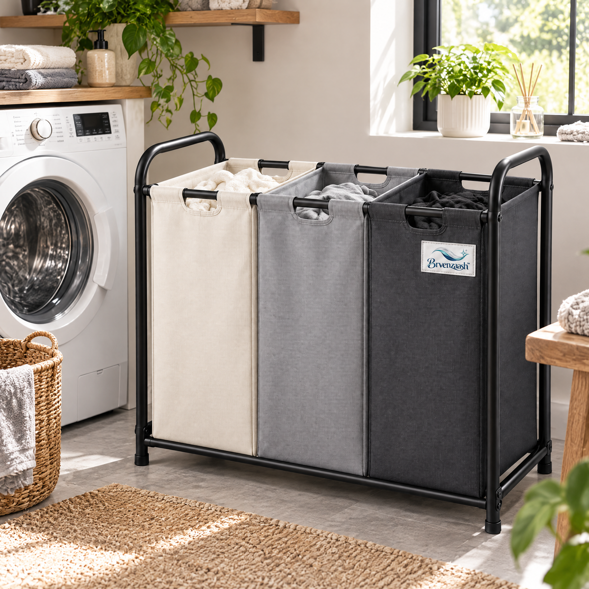 Brvenzaash™ Laundry Sorting Hamper – 3 Compartment Clothes Basket with Removable Bags for Laundry Room Organization