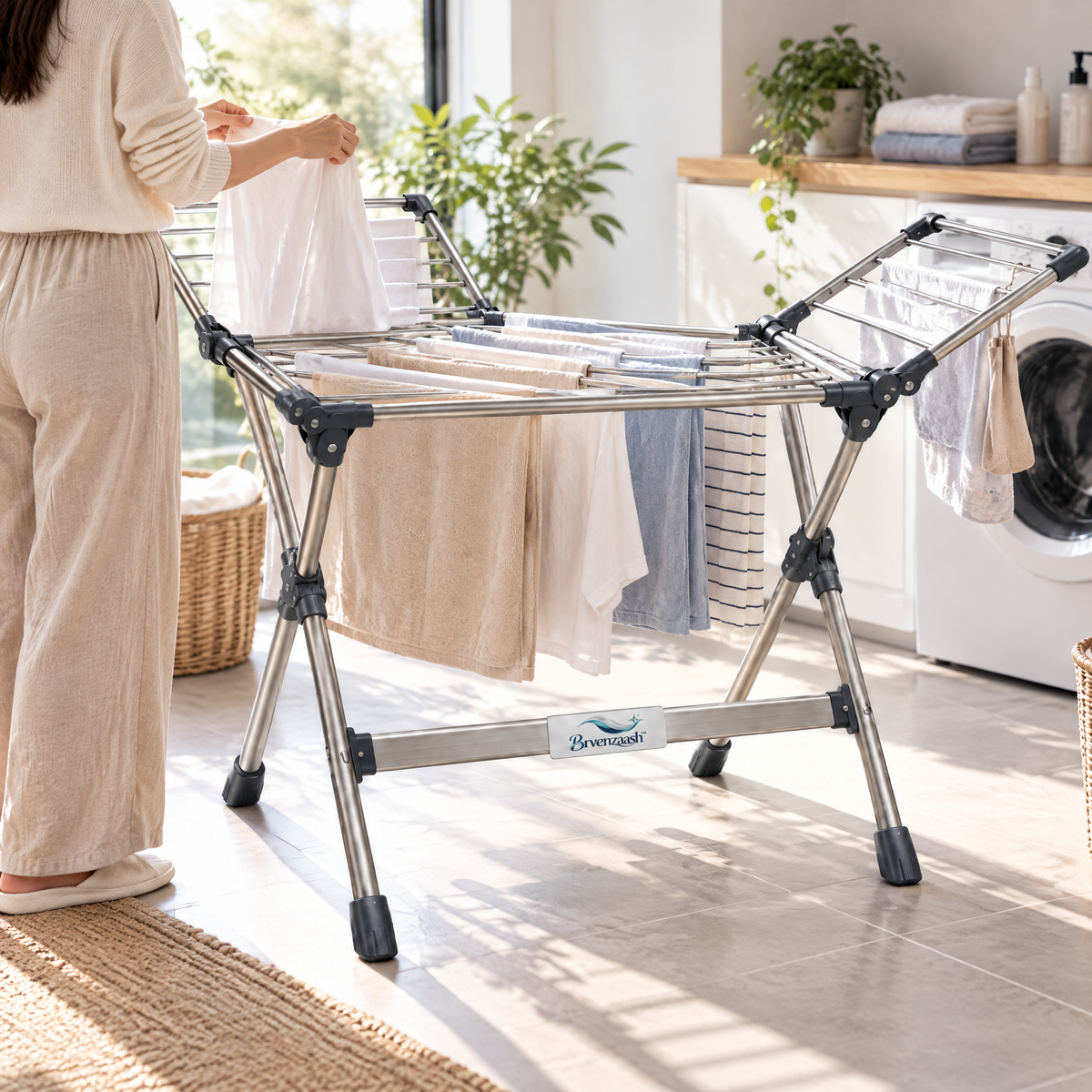 Brvenzaash™ Foldable Clothes Drying Rack – Adjustable Laundry Stand with Multi-Rod Design & Space-Saving Storage