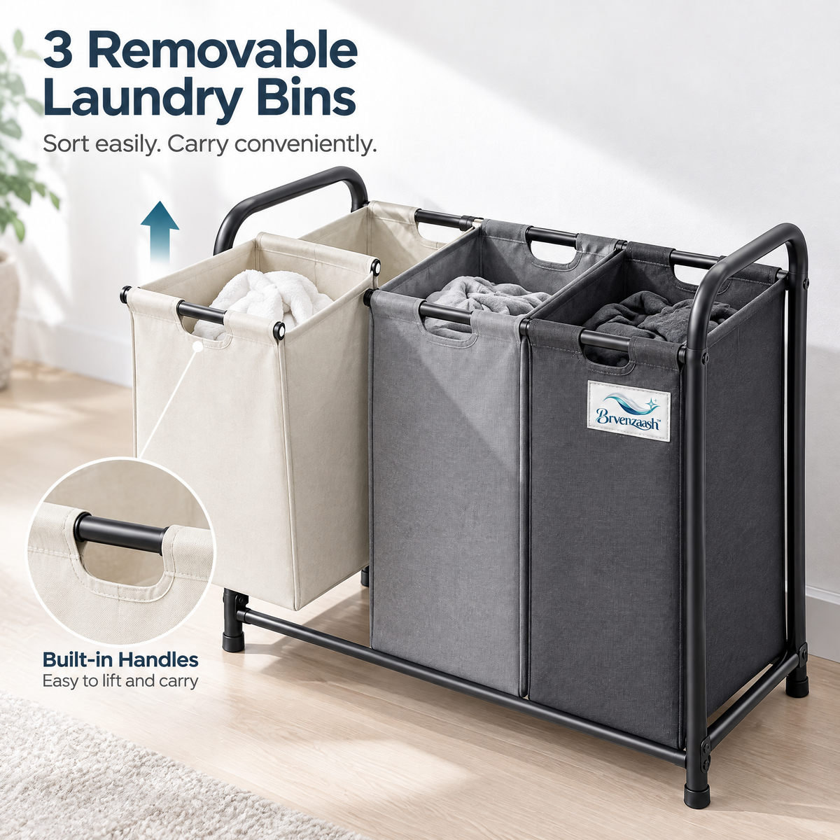 Brvenzaash™ Laundry Sorting Hamper – 3 Compartment Clothes Basket with Removable Bags for Laundry Room Organization
